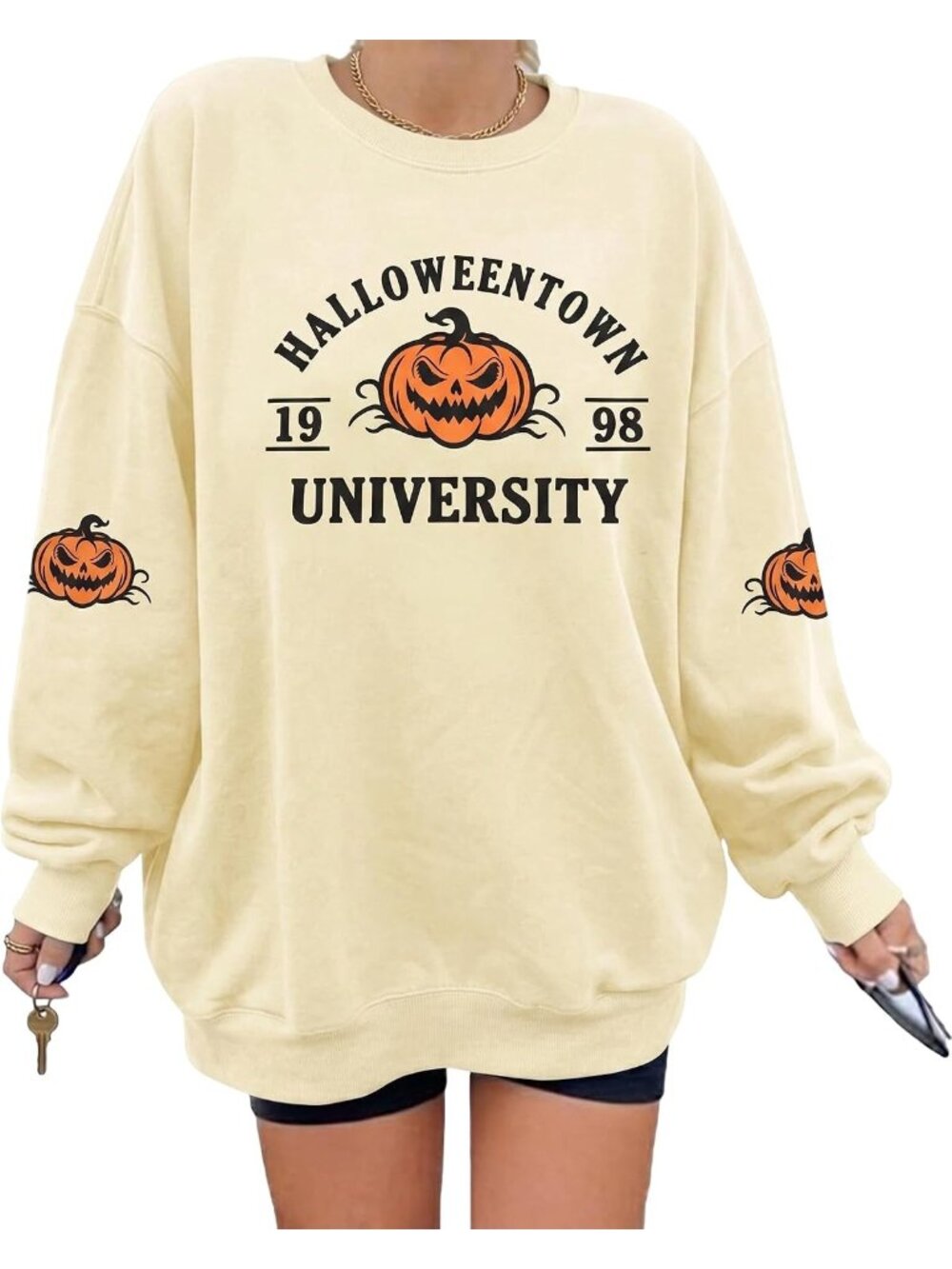 🆕 Women's Cream Halloweentown University Pumpkin Graphic Crewneck Sweatshirt